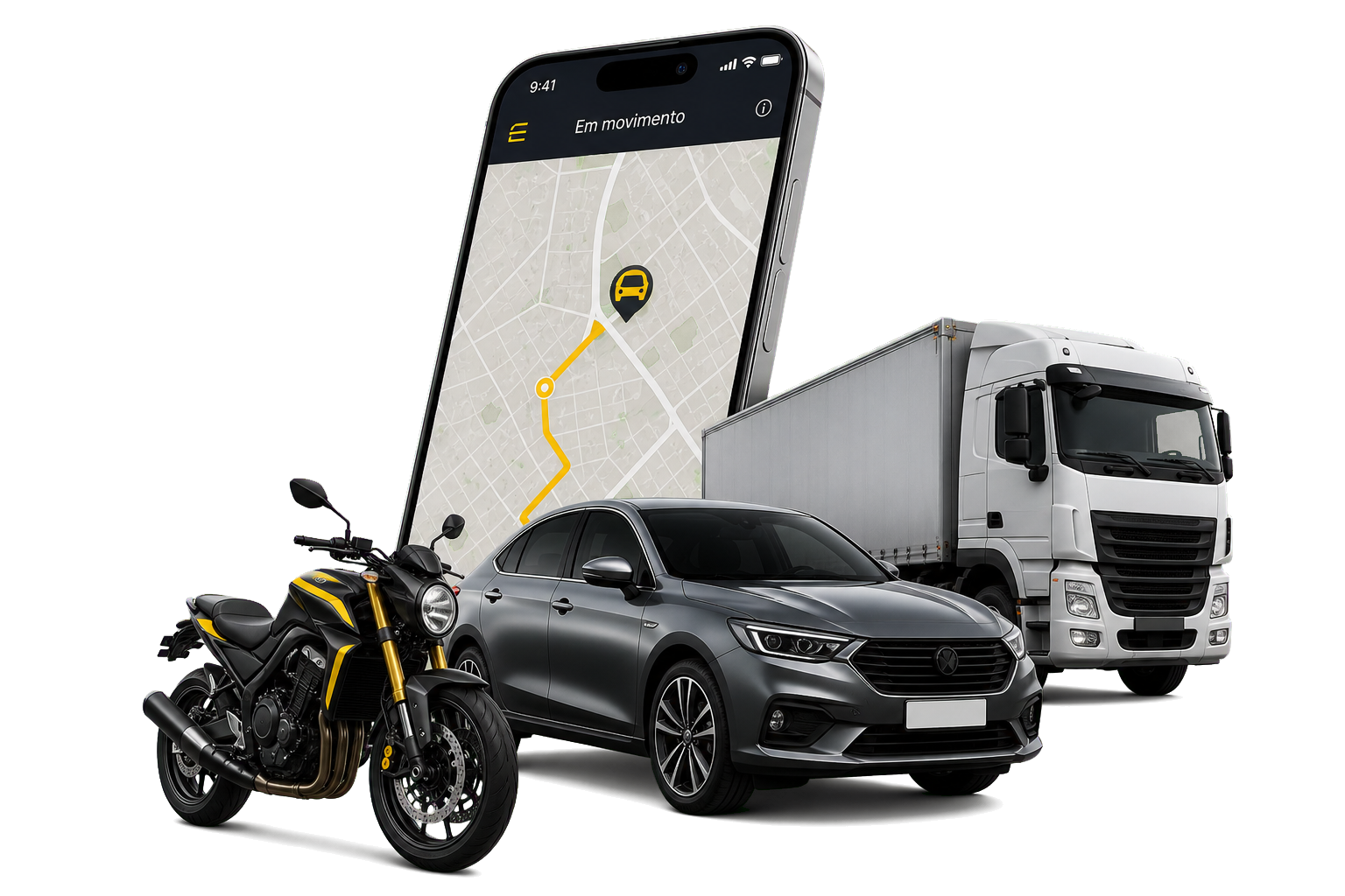 Celular com mapa, moto, carro e caminhão com rastreamento veicular
